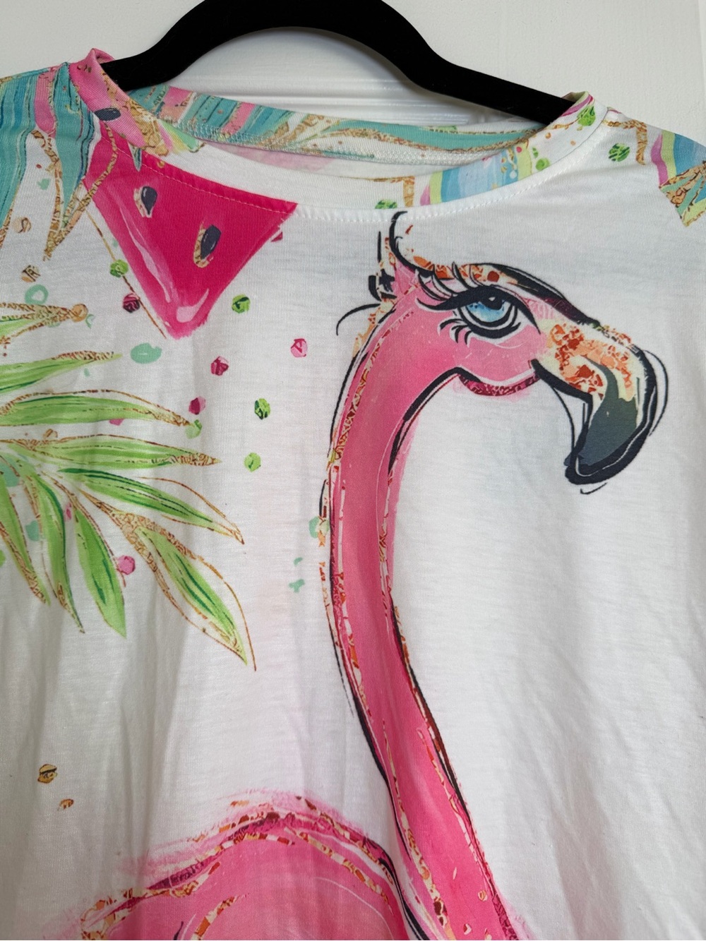 Pink Flamingo Tropical Graphic White Oversized T-Shirt Large - Picture 3 of 5